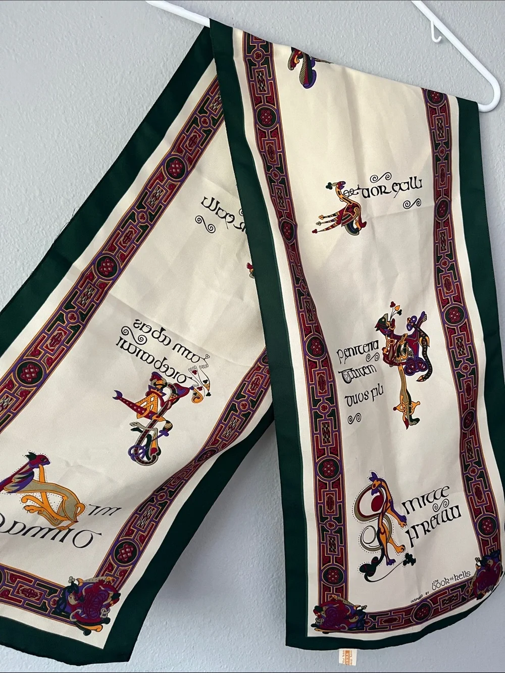 Irish Inspired Cream Scarf with Green Border and Multicolor Celtic Motif